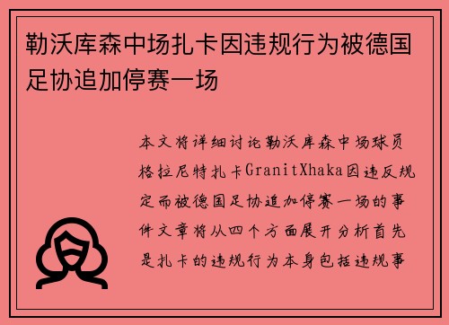 勒沃库森中场扎卡因违规行为被德国足协追加停赛一场